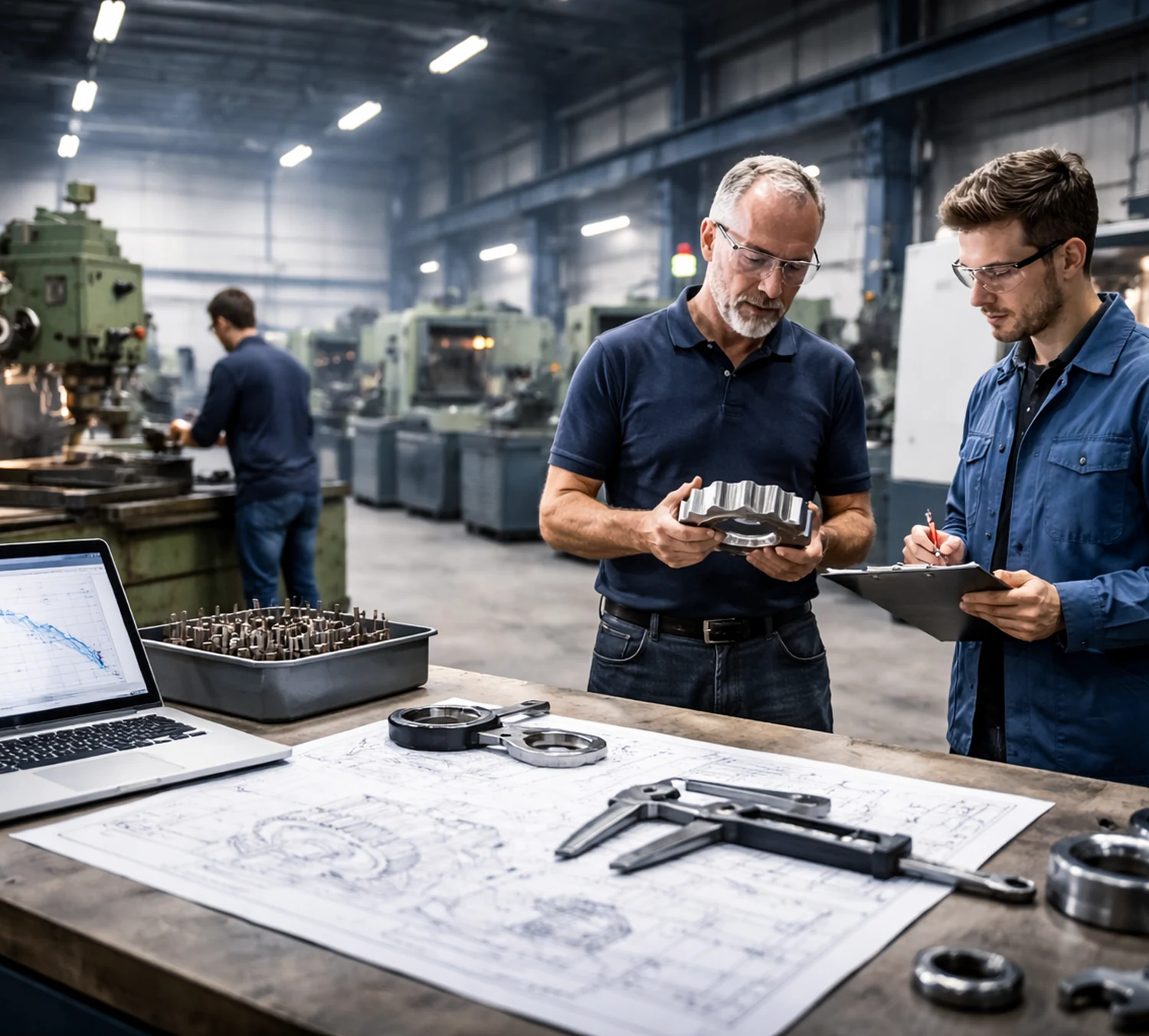 Technisches Beratungsgespräch in einer Maschinenhalle bei ISC